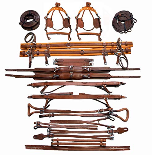 Equitem Two Tone Brown Leather Pony Team Driving Show Training Cart Harness with Tan Trim
