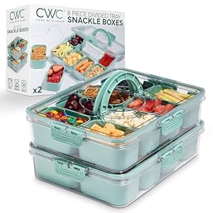 COOK WITH COLOR Snackle Box Container - 2 Pack- 8 Compartment Divided Serving Tray with Lid, Portable Snack Tray with Handle and Serving Platter Perfect for Fruit, Candy and Treats