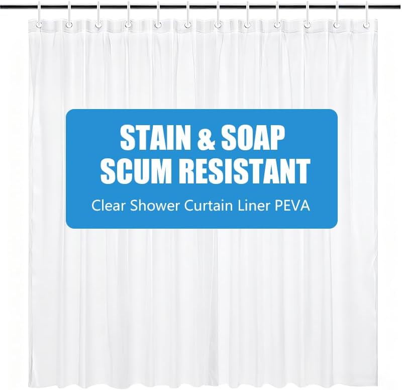 Clear Shower Curtain Liner, 72x72 PEVA Bath Shower Curtain Liner with 12 Plastic Hooks Lightweight Waterproof