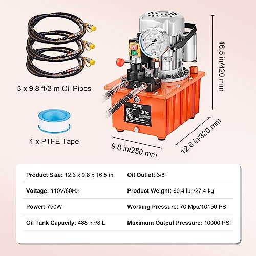 Image of VEVOR 10000 PSI 750W 110V 488 in /8L Capacity, Double Acting Manual Valve, Electric Driven Hydraulic Pump Power Pack Unit with Lever Switch for Punching /Bending /Jack Machines, Orange