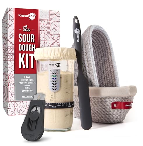 KneadAce Sourdough Starter Kit – 24oz Starter Jar, 2 Cotton Rope Banneton Proofing Baskets, Magnetic Bread Lame for Scoring – Gift for Bakers & Complete Sourdough Bread Baking Set