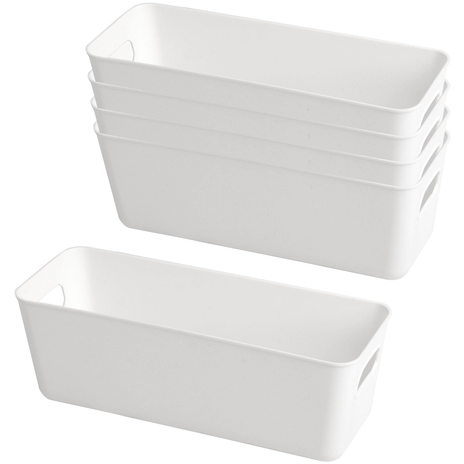 W&H 5 PCS Plastic Storage Boxes, White Rectangle Bathroom Storage Baskets with Handle, Kitchen Cupboard Boxes