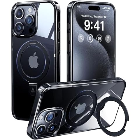 Alphex Titanium Stand for MagSafe iPhone 15 Pro Max Case, Polished Titanium Match for iPhone, 16FT Military Drop Protection, Shockproof Phone Ring Slim Cover 6.7 inch for Men Women, Black Titanium Cover