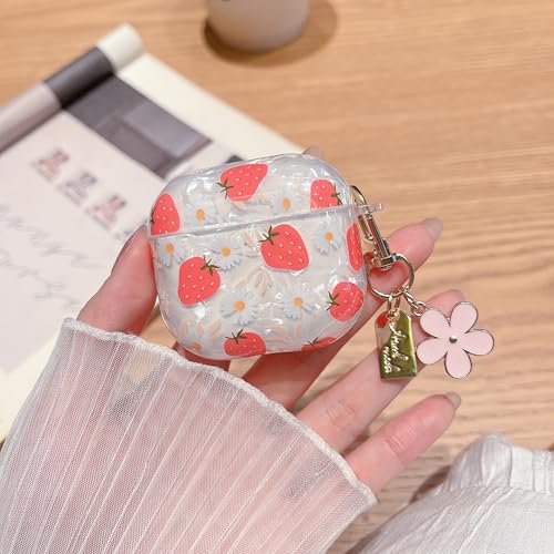 Image of MINSCOSE for Cute Glitter AirPods 4 Case,Shell Pattern Girly Strawberry Design with Trendy Floral Keychain,Soft TPU Protective Cover with Cleaner Kit for Girls Women for AirPods 4-Red