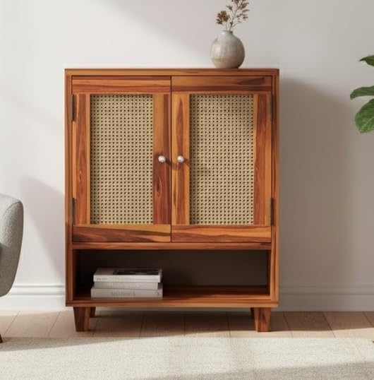 Image of Wooden Shoe Cabinet with Cane Door | 3-Shelf Shoe Rack Organizer for Hallway & Entryway Storage | Sheesham Wood Storage Unit for Shoes & Accessories (Honey Finish)