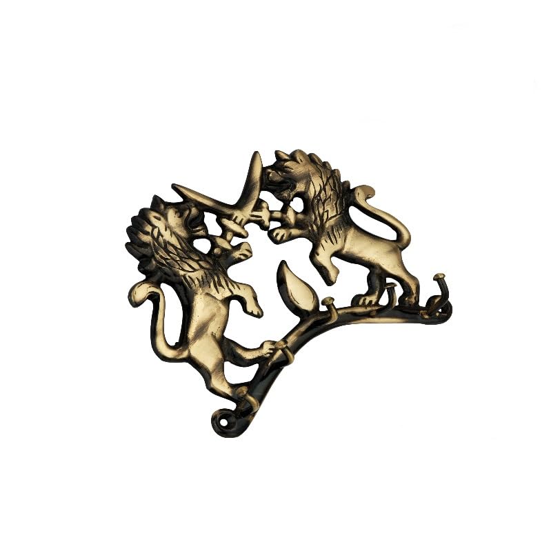Handicrafts Brass Lion Pair 5 Pin Key Holder for Wall (Yellow) Weight 280 g
