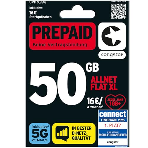 congstar Prepaid ALLNET XL – 50 GB im D-Netz mit 5G (25 Mbit/s), 16 € Startguthaben, Telefon & SMS Flat in alle dt. Netze, EU-Roaming inkl., jedes Jahr 1 GB mtl. mehr, ohne Vertrag.