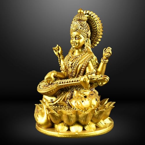 Image of Saraswati Devi Idol 4.5 Inches Material Polystone Statue - Painted Brass, Antique Silver & White Finish Veena Vadini Maa Saraswati Murti Vasant Panchami for Home & Office Decor (Brass)