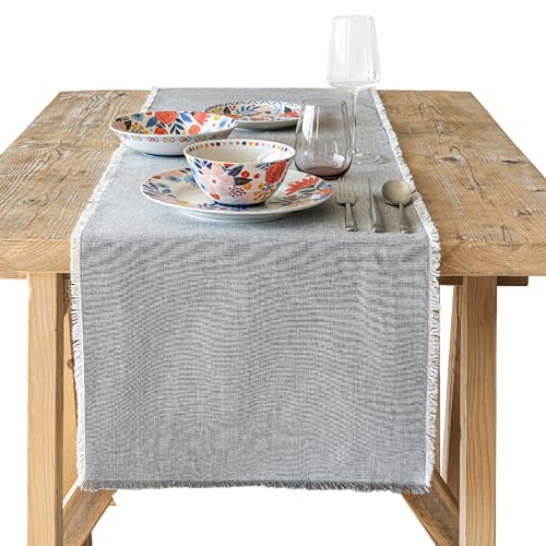 Over&Back 18x108 Woven Frayed Chambray Cotton Table Runner - Washable