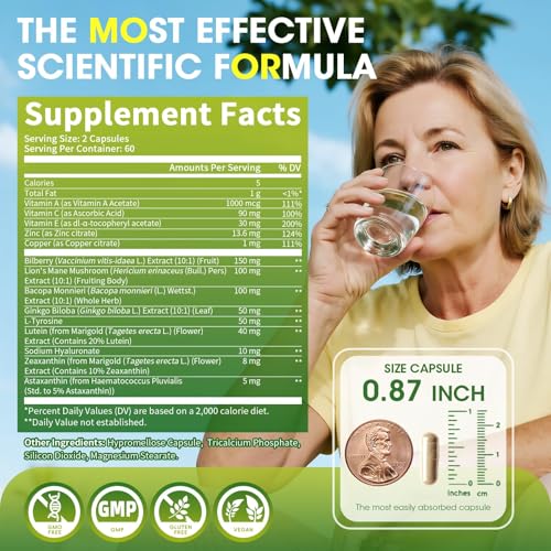 Eye + Brain Supplements for Memory and Focus, Lutein 40mg, Zeaxanthin, Astaxanthin, Bilberry, Lion’s Mane, Bacopa Monnieri, Ginkgo Biloba, 14 in 1 Eye Vitamins for Adults & Seniors 120 Capsules - Image 6