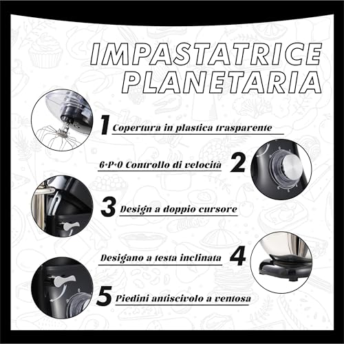 Kitchen in the box Impastatrice Planetaria, 7,5 Litri Impastatrice Professionale 1400W, 6 Velocità con Uncino Impastatore, Mescolatore e Frusta Sbattitrice (Nero) - immagine 5