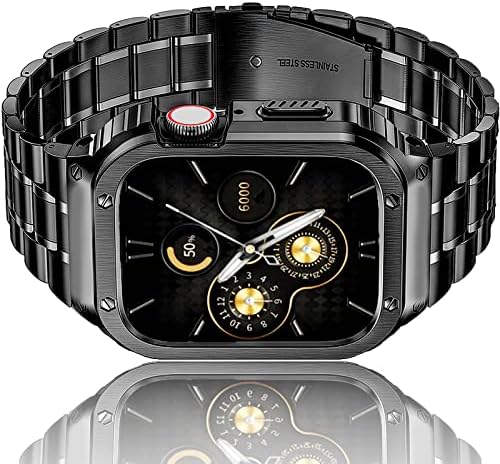 Amznew Stainless Steel Watch Case with Band Compatible for Apple Watch Bands Series 8/7(45mm), Rugged Replacement Strap and Metal Protective Bumper Cover for Men Black