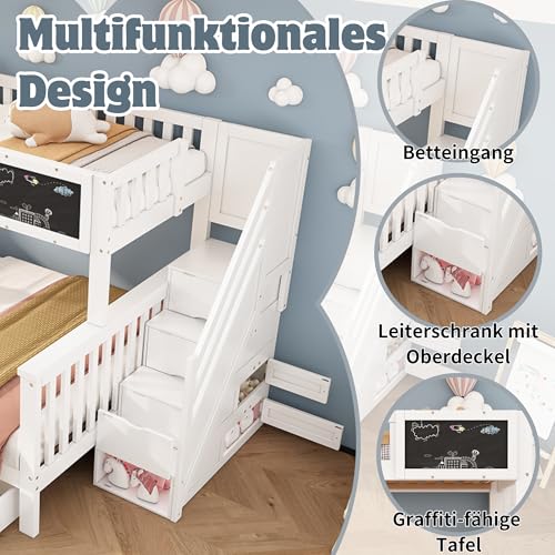 FEZTOY Etagenbett mit 2 Schubladen Kinder Bett mit Treppe, Hochglanz Kinderbetten Funktionsbett Etagenbett Stockbett Kinderhochbett Jugendhochbett, weiß fur 3 Kinder