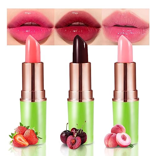 Bingbrush 3 Pcs Strawberry Red Cherries Peach Color Changing Lipstick Queen, Ph Mood Long Lasting Labiales Moisturizer Lip Gloss Lip Balm Tinted Magic Lip Stain Glossly Makeup Lipstick Set For Women #TOP15