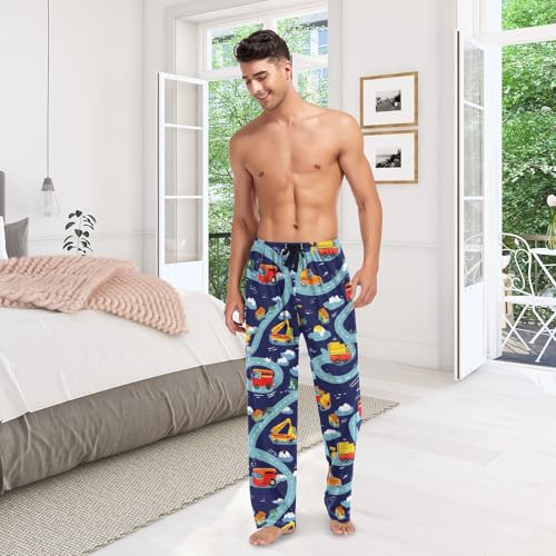 Men's Pajama Pants with Pockets Sleepwear Lounge Pants Stretch Casual Blue Road Truck S2