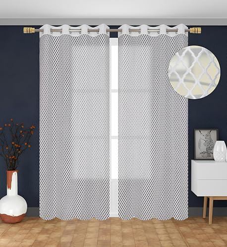 Image of Sheer Net Semi Transparent Home Decor Curtains for Living Room, Balcony Doors and Windows Panel, Parda, Eyelets Hanging, White, 4 x 9 Feet, Pack of 2