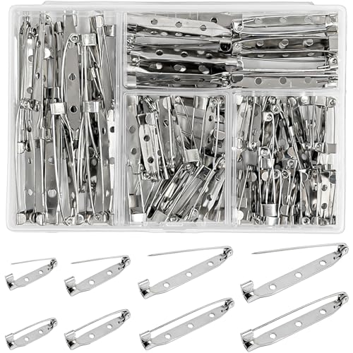 100 Pcs Brooch Pin Backs Silver Bar Pins with Locking Safety Clasp 4 Size (20/25/38/45mm) Safety Pin with Plastic Box for Jewelry Making Name Tags Badges DIY Crafts