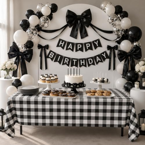 Image of Blue Orchards Black Gingham Table Cover (Pack of 3 with 20 Glue dots) - 54 inchx108 inch XL - Black and White Buffalo Checkered Picnic Plastic Tablecloth, Camping Decoration, Outdoor Birthday Party Supplies