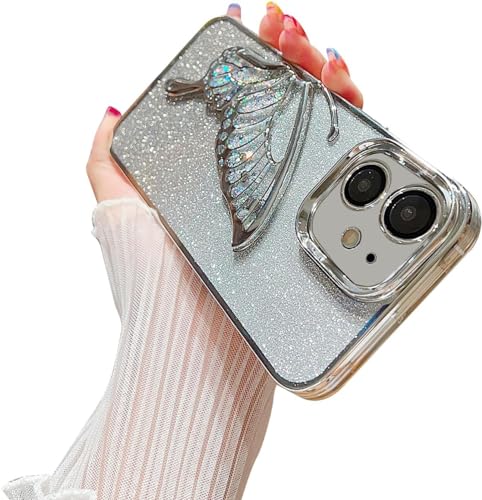 Image of mobistyle Designed for iPhone 14 Plus Cover with Glitter Cute Butterfly Electroplating Design Back Cover Case for Women Teen Girls (Silver)