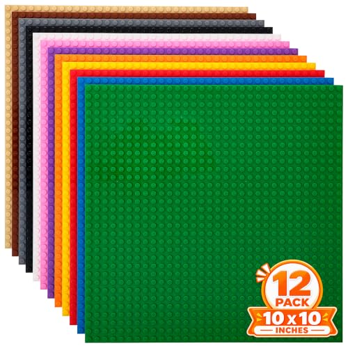Image of Strictly Briks Stackable Baseplates - 12 Pack 10 inchx10 inch, 32x32 Studs, Compatible with Lego for Building City Scenes, Foundation, Displays Bricks on Play Table, Kids Gift, Classic