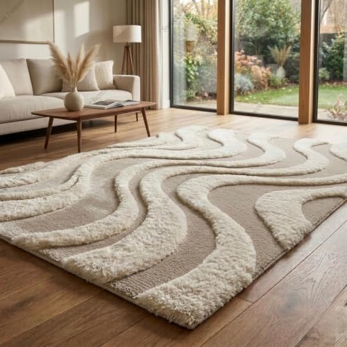 Image of SWEET HOMES Luxury Abstract Shag Rug, Thick Soft Area Carpet for Living Room, Bedroom, 12 x 18 Feet (366 x 549 cm), Beige & Ivory