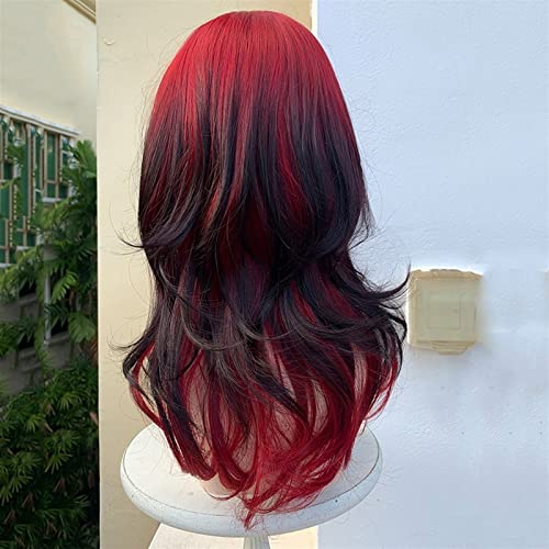 Pelucas rizadas largas con flequillo degradado rojo y negro sintéticas 5