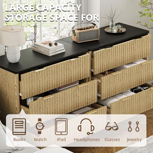 Image of BREEZEHEAT Modern 32 inch Fluted Nightstand Set of 2-Natural Wood Bedside Tables with 3 Drawers and Frosted Desktop, Large Night Stand-End Table for Large Spaces, Bedroom