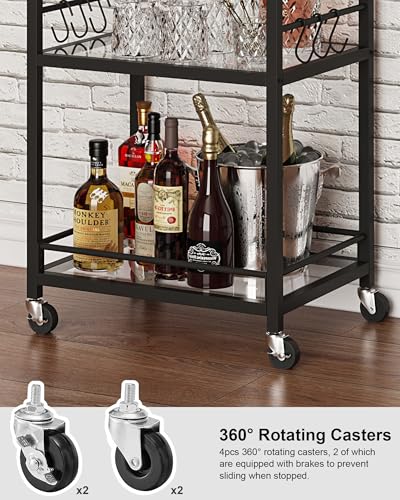 Image of TUTOTAK Bar Cart with 3 Mirrored Shelves, Wine Rack & Glass Holder | 3-Tier 18.5 Inch Wide Home Bar Serving Carts, Small Mobile Kitchen Shelf with 6 Hooks, Black BC01BK034