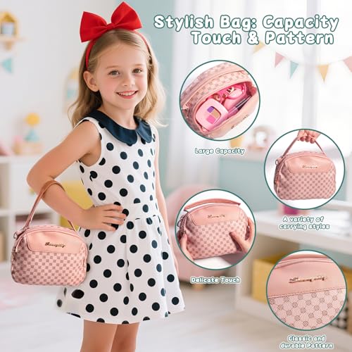 Little Girl Purse with Pretend Makeup for Toddler 3-5, Kids Play Purses for Girls with Accessories Age 4-6 6-8, Toddler Play Makeup Set for Kids, Fake Make up - Pink - Thumbnail 3