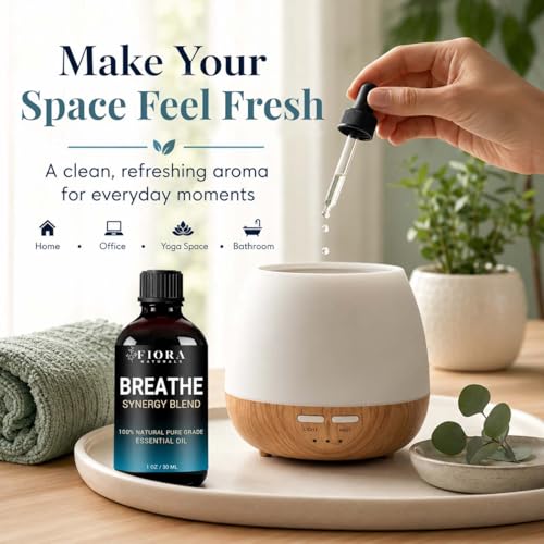 Image of Breathe Essential Oil for Diffuser, 100% Natural Pure Grade Synergy Blend with Eucalyptus, Peppermint, Tea Tree, Lemon, Pine Needle, Cardamom & Laurel Leaf, Refreshing Blend for Aromatherapy