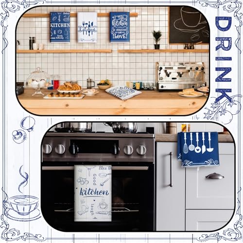 Image of Bencailor 6 Pcs Blue White Kitchen Towels Decorative Sets Dish Towels Absorbent Fast Drying Hand Tea Vintage Hanging Reusable Cleaning Dishcloths for Cooking Farmhouse Bathroom Accessory