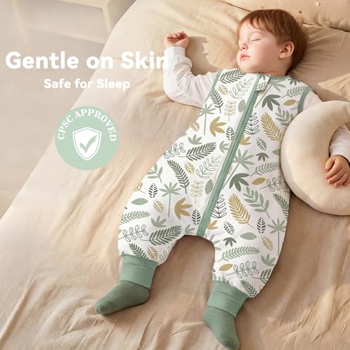 Image of Chilsuessy Toddler Sleep Sack with Feet 3-4 T, 0.5 TOG Cotton Baby Wearable Blanket with Legs, 3 Pack Sleep Bag Walker with 2-Way Zipper, Green Plant