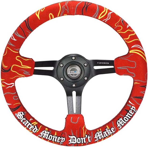 NRG Innovations NRG-RST-018MB-RLR Volante Reforzado, 3" Profundo, 0.197 in Negro Radios con Hendiduras. Alcántara Negro, Costuras Rojas