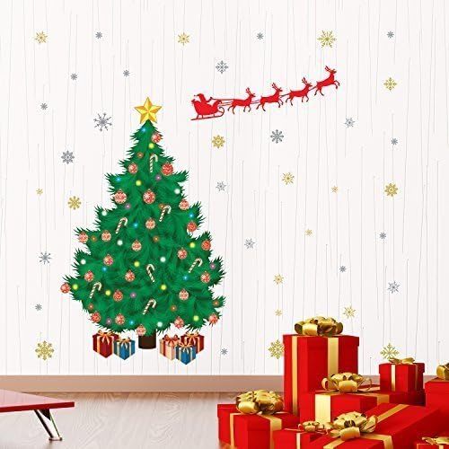 Wallflexi Christmas Decorations Wall Stickers "Santa's Sleigh with Christmas Tree" Wall Murals Decals living Room Children Nursery School Restaurant Cafe Hotel Home Office Décor