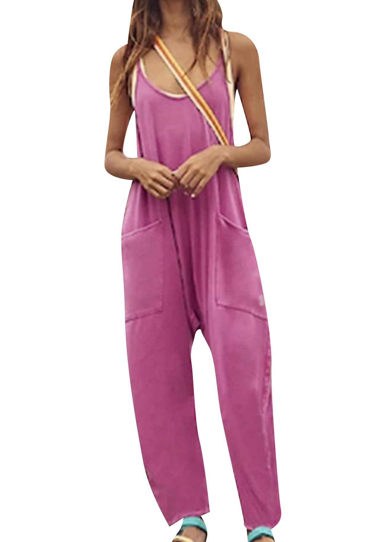 YMINGWomens Solid Color Summer Jumpsuits Long Pants Sleeveless Jumpsuits V Neck Zipper Jumpsuits Loose Backless Jumpsuits