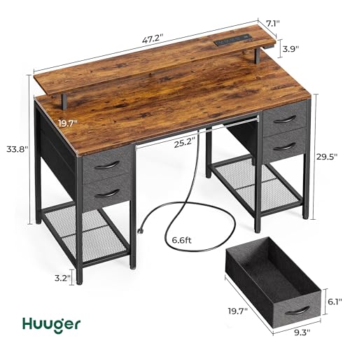 Image of Huuger 47 inch Computer Desk with 4 Drawers, Gaming Desk with LED Lights & Power Outlets, Home Office Desk with Large Storage Space for Bedroom, Work from Home, Rustic Brown and Black