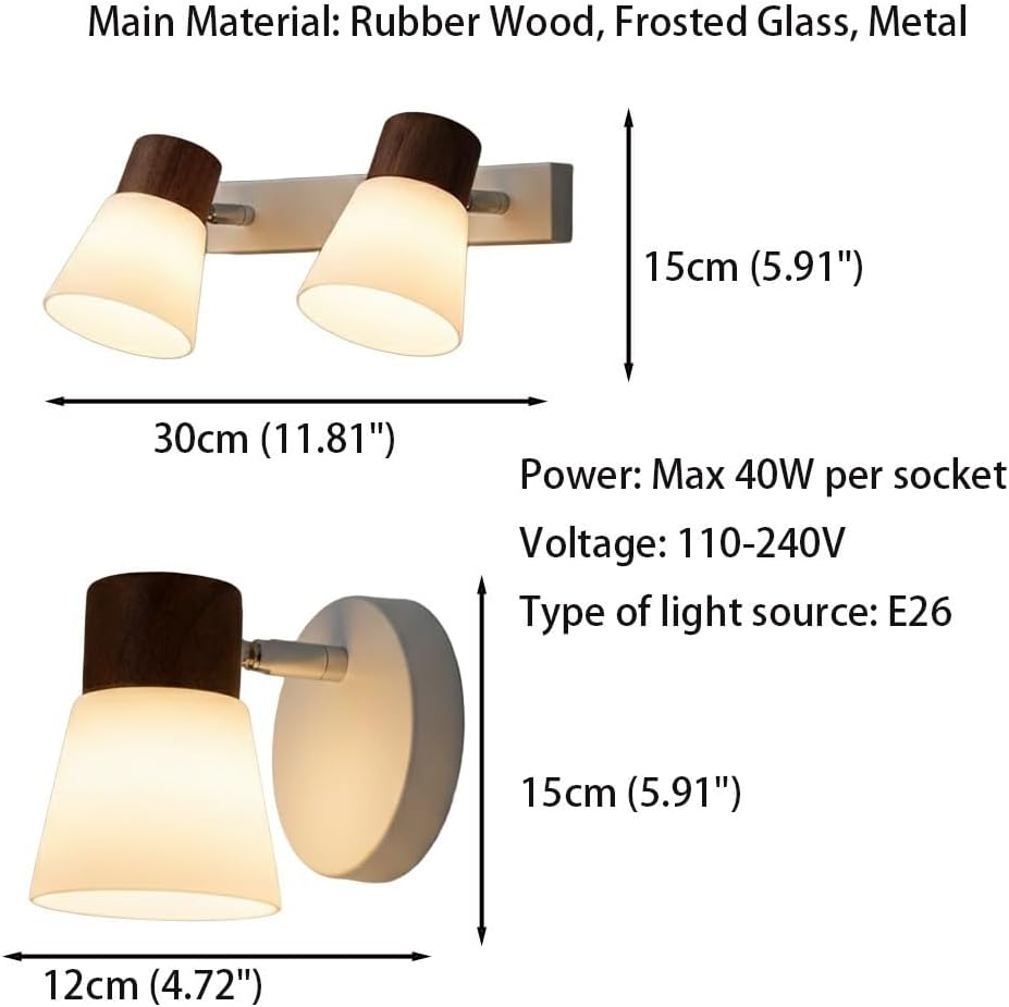 Wall Sconce, 2 Light Wood Vanity Wall Lamp, White Glass E27 Wall Light for Bedroom, Hallway, Bathroom, Entryway, Corridor, Foyer, Vintage Fixture, Iron Mount Loft, Vanity Parlor(Beige,Large)