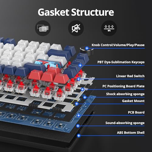 Image of 75% Mechanical Gaming Keyboard, Hot Swappable RGB Backlit Custom With Knob, Gasket Mount USB Wired, 82 Keys Blue White Linear Red Switch (82 Blue White)