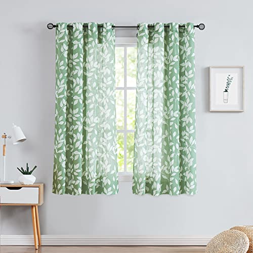 Image of Treatmentex White Print Curtains for Living Room 63 inch Length Green Semi-Sheers Leaves Print Curtains for Windows, Grommet Top, 2 Pack