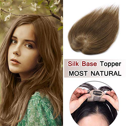 SEGO 100% Density Top Hair Pieces Silk Base Crown Topper Human Hair Clip in Hair Toppers Top Hairpieces for Women with Thinning Hair Gray Hair/Hair Loss #06 Light Brown 12 Inches 20g