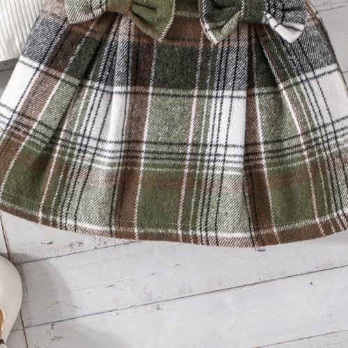 Image of Noubeau Toddler Girls Plaid Outfits Girls Puff Sleeve Knit Ribbed Shirt Tops Plaid Skirt Set Kids Fall Winter Clothes