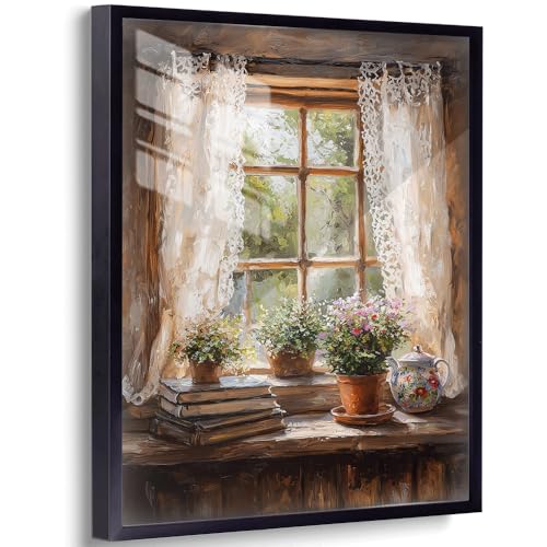 Aluminum FramedRustic Window Still Life Wall Art, Vintage Cottage Painting