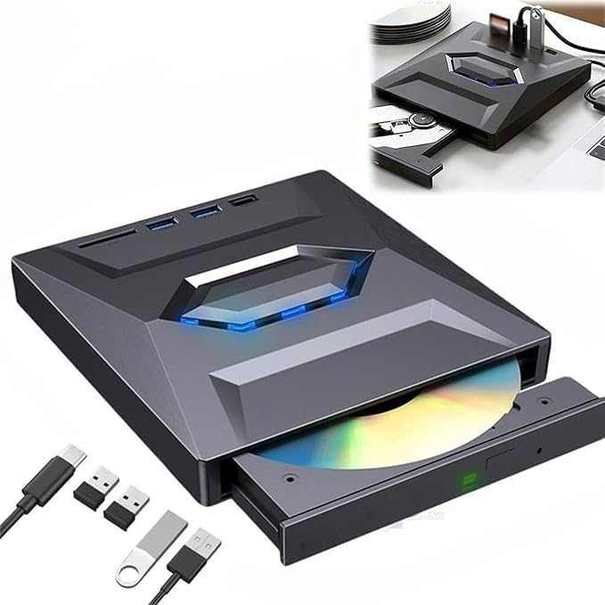 7 en 1 Unidad Externa de Blu ray USB 3.0 y Tipo C, Grabadora Portátil BD/DVD/CD con 3 Puertos USB Hub y Lector de Tarjetas SD/TF, Unidad Óptica Blu ray 6X para Laptop y Escritorio