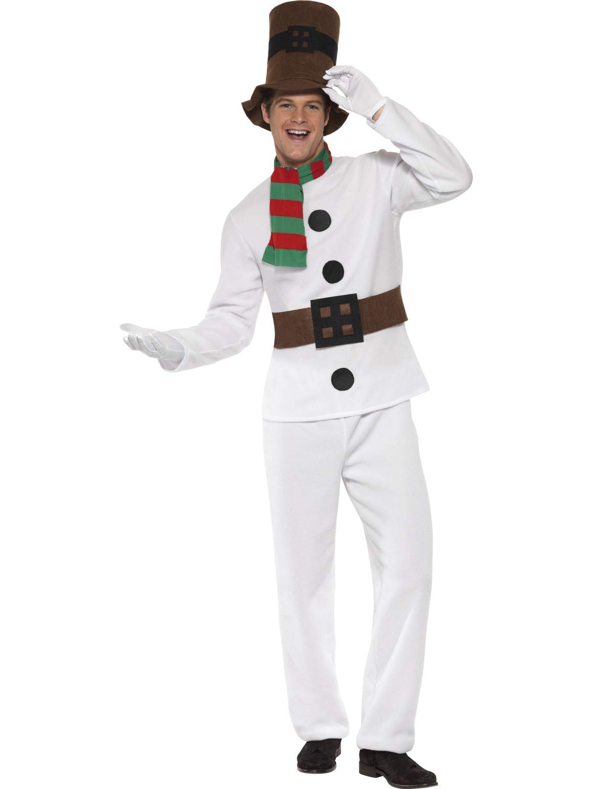 Smiffys Men's White Mr Snowman Costume, With Top, Attached Belt, Trousers, Scarf & Hat, Christmas Adult Fancy Dress, Santa Dress Up Costumes