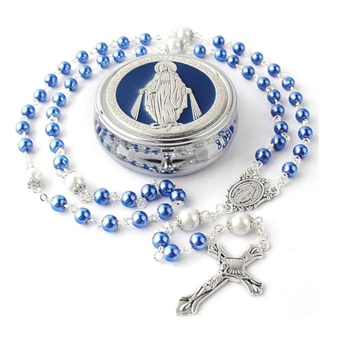Catholic Town 6mm Glass Pearl Beads with 8mm Our Father Beads with Caps Rosary Pack in Miraculous Metal Gift Box (Available in Blue and Pink colors)