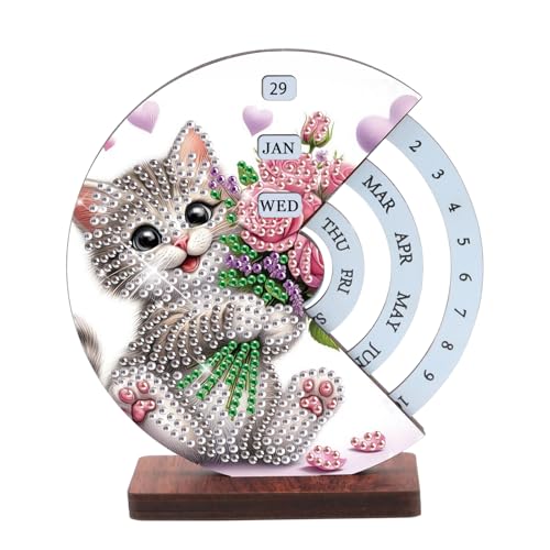 AiYuanzsh 3D Diamond Art Tabletop Perpetual Calendar Kit DIY Wooden Desktop Ornament with Cute Cat Design Sparkling Diamond Painting Desk Decoration Gift for Home & Office