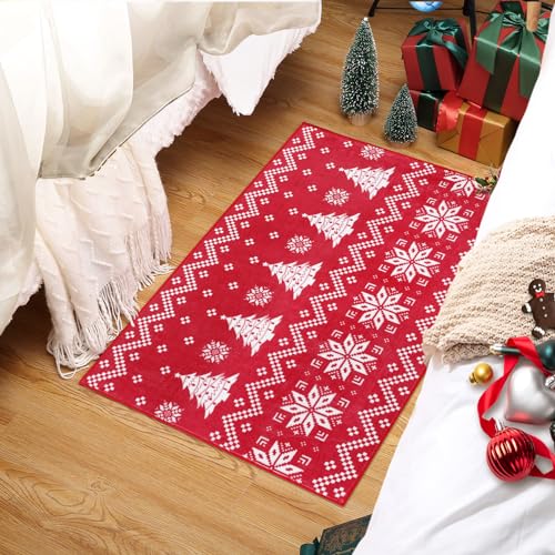 Boho Door Mat Christmas Area Rug Low-Pile Rug Non-Shedding Rugs Xmas Tree Bathroom Rug Bedroom Bedroom Area Rug, 2' x 3', Red/White