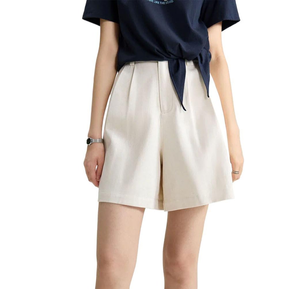 Pantalones cortos casuales de verano para mujer, cintura alta, elásticos, para la oficina, beige, L