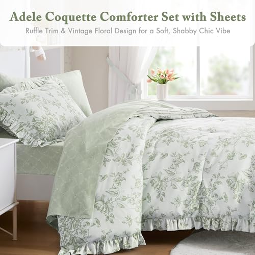 Image of Madison Park Essentials Adele Green Floral Twin XL Size Comforter Set - Vintage Bed in a Bag with Sheets, Reversible Ruffle Bedding, Elegant Gift for Her