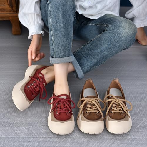 Women's Genuine Leather Lace Up Platform Fashion Sneaker Retro Anti-Collision Round Toe Low Top Soft Sole Walking Shoes Comfortable Lightweight Heighten Casual Running Sport Shoes3
